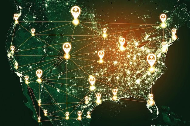 A detailed digital map of U.S. coastal regions, with different areas highlighted in green, yellow, and red, representing varying levels of seafood sustainability and specific recommended species for each region.