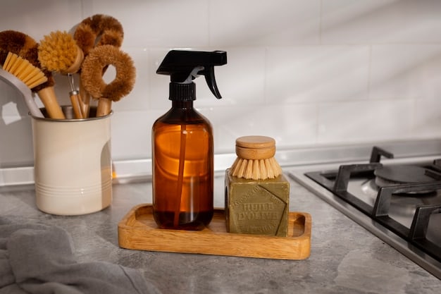 A neatly organized kitchen counter with various DIY cleaning solutions in labeled glass spray bottles, along with fresh lemons, baking soda, and a vintage scale, emphasizing homemade cleaning and sustainability.