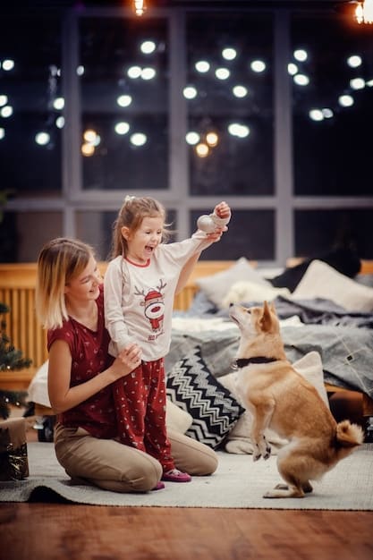 A family, including children and a pet, happily cleaning together in a brightly lit living room, using homemade cleaning spray bottles and microfiber cloths, symbolizing a healthy and safe home environment.