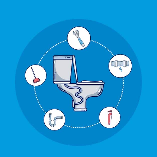 A schematic diagram illustrating a modern, efficient dual-flush toilet with arrows indicating water flow for liquid and solid waste, highlighting water-saving benefits.