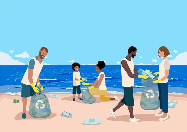 A diverse group of people participating in a community beach clean-up, collecting plastic waste, with a serene ocean in the background, conveying collective action and environmental stewardship.