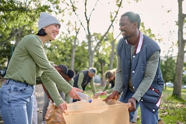 A diverse group of people actively participating in a community recycling event, smiling as they sort different materials into color-coded bins. The scene should be bright and convey a sense of collective environmental effort.