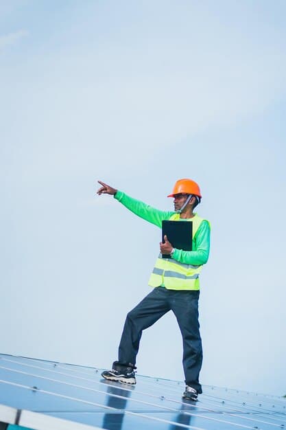 A clean, vibrant photo of solar technicians installing panels on a residential rooftop, with safety equipment and clear blue skies, showing a precise and professional process.