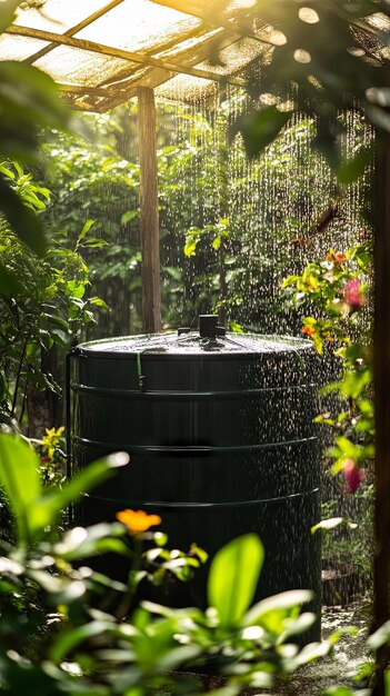 A rain barrel overflowing during a gentle rain, collecting water from a downspout, with a lush garden bed of native plants in the background, illustrating water conservation.