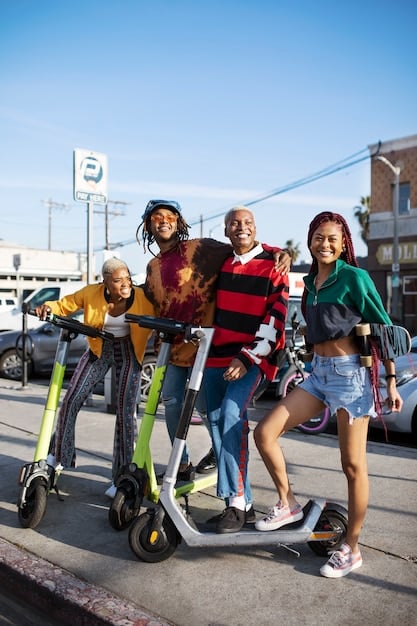 A diverse group of people carpooling in an electric vehicle, passing a bike lane with cyclists and a bus stop, illustrating various sustainable transportation options.