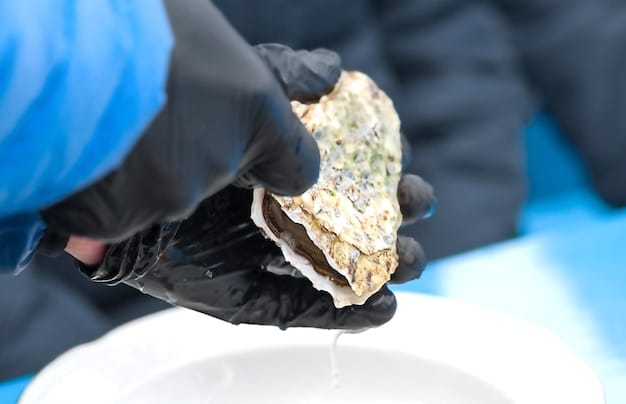 A research scientist collecting water samples from a coastal oyster farm, demonstrating efforts to monitor ocean chemistry and shellfish health.