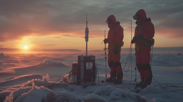 Scientists in Arctic gear deploying monitoring equipment on a permafrost landscape, with scientific instruments visible measuring gas emissions, under a cloudy, atmospheric sky.