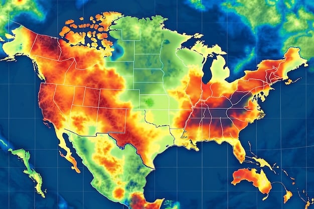 A detailed map of the United States displaying different climate zones with arrows indicating projected changes in temperature and precipitation patterns over the next decade.