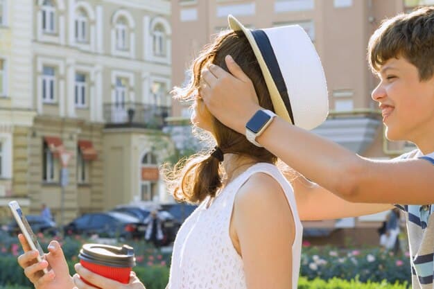 Tourists struggling with intense heat in a busy city square, wiping sweat and seeking shade.