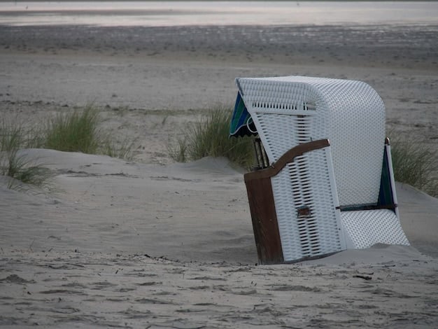 A desolate beach scene during what should be peak summer. The sand is empty, with warning signs about red tide visible. The ocean looks slightly discolored in the distance, and the sky is overcast, conveying a sense of disappointment and economic stagnation.