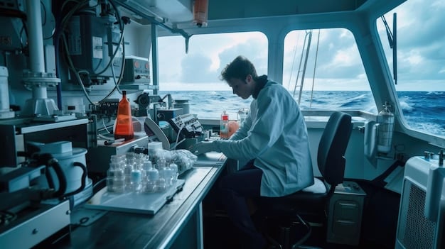 A research vessel with scientists on deck, actively collecting water samples from the ocean. The equipment looks modern and the scientists are focused on their work, indicating serious efforts in monitoring the red tide.