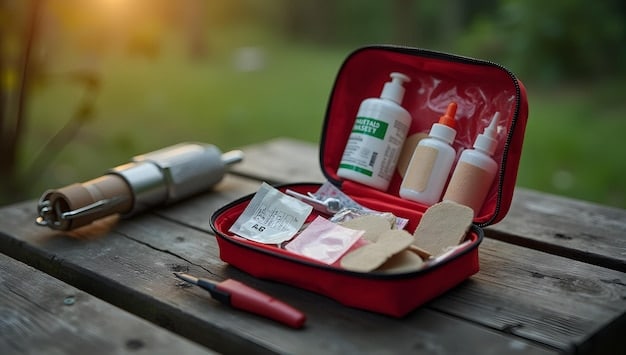A neatly organized emergency preparedness kit with bottled water, non-perishable food, flashlights, and a first-aid kit prominently displayed.
