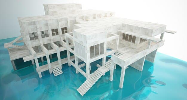 A detailed schematic showing a house designed with an elevated pile foundation, located on a beach, with floodwaters visible beneath the structure, illustrating resilience.