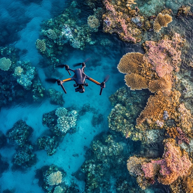 A drone flying over a vibrant, healthy coral reef, capturing aerial footage for coastal monitoring and conservation research.