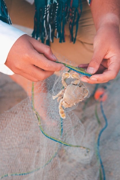 A close-up shot of a skilled artisan's hands carefully weaving a intricate fishing net with natural fibers, showing the precision and dedication involved in traditional coastal crafts.