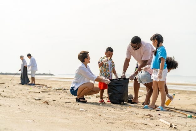 A group of volunteers, including children and adults, actively participating in a beach clean-up, collecting plastic waste near a scenic coastal town, symbolizing community effort in environmental conservation.