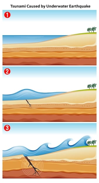 Cross-section diagram showing storm surge moving through a coastal wetland, with arrows indicating wave energy dissipation and water absorption by dense vegetation and porous soil layers.