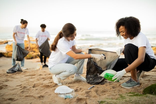 A diverse group of people participating in a beach clean-up, collecting plastic waste with reusable bags, showcasing community involvement and environmental action.