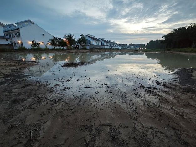 A coastal community submerged in floodwaters after a hurricane, with damaged homes and debris, under a dark, stormy sky.