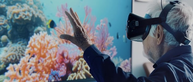 A citizen scientist, possibly a diver, using an underwater camera to photograph a marine species near a vibrant coral reef, with a clear focus on the technology being used for data collection.