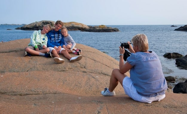 A group of diverse citizen scientists (various ages/backgrounds) on a beach, eagerly examining data on a tablet and discussing marine species, with a coastline in the background.
