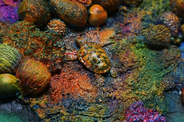 A diverse array of marine life, including colorful fish, various corals, and a sea turtle, thriving in a vibrant coral reef ecosystem, illustrating biodiversity.