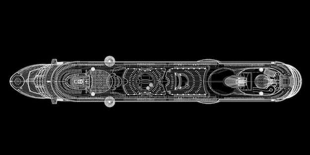 A futuristic blueprint-style image of a ship's hull with highlighted sections showing advanced propeller design, sound-dampening materials, and engine isolation, illustrating technological solutions for reducing noise pollution.