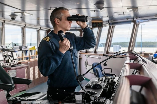 A law enforcement boat with a marine patrol officer observing a distant whale watching vessel through binoculars, symbolizing efforts to monitor and enforce regulations in busy marine tourism areas.