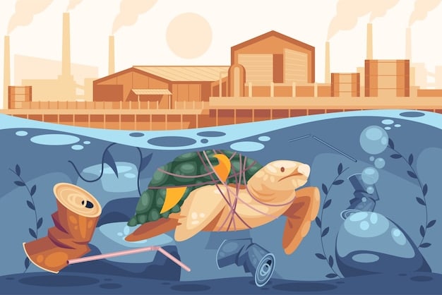 A detailed illustration or graphic showcasing the journey of plastic pollution from land-based sources (city, river) to the ocean (coastline, gyres), with different types of plastic debris highlighted. The image should be informative and visually explain the pathway of marine debris.