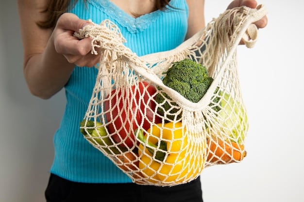A close-up of a consumer's hand placing a reusable produce bag filled with fresh vegetables into a shopping cart, highlighting conscious shopping.