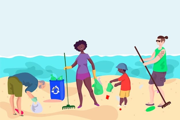 A group of diverse volunteers on a beach clean-up, collecting plastic waste with ocean in the background, symbolizing community action.