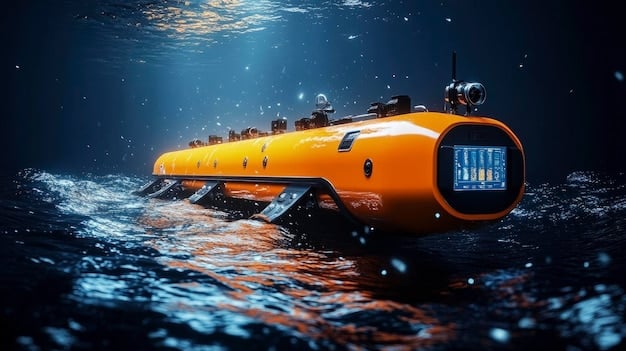 A research vessel deploying an autonomous underwater vehicle (AUV) near an oil slick, illustrating advanced monitoring technologies at sea.