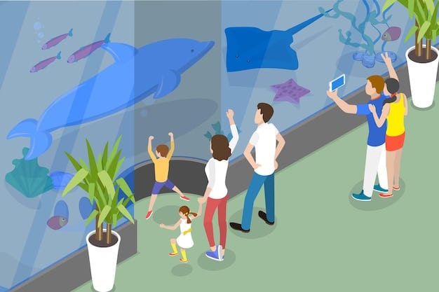 A diverse group of urban dwellers participating in an interactive exhibit about marine life at a science museum, featuring large screens displaying underwater scenes and hands-on eco-challenge stations.