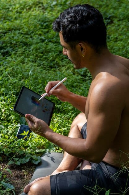 A researcher analyzing data on a tablet, with graphs and charts illustrating environmental impact, wearing field gear and looking thoughtful in a coastal research setting.