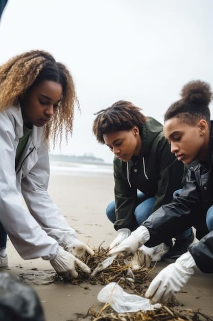 A diverse group of scientists and community members collaborating to clean up a coastal beach, collecting plastic waste and documenting marine ecological impact, highlighting community involvement and environmental action.