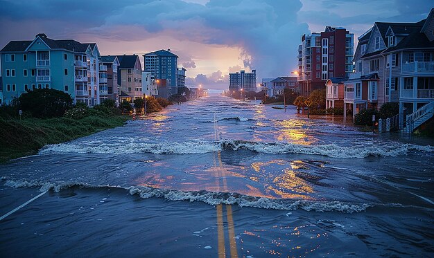 A flooded coastal road in a US town, with water reaching up to car doors and homes, showing the impact of extreme weather.