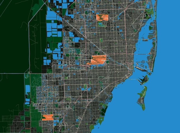 A detailed map of a US coastal city showing predicted areas of inundation by 2025, highlighting critical infrastructure at risk.