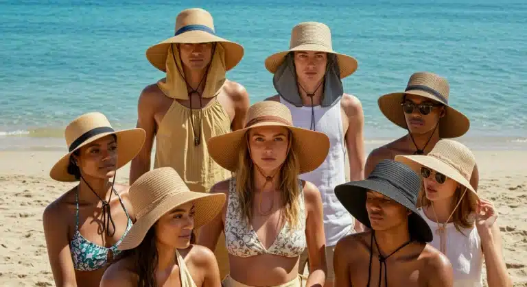 Diverse individuals modeling 2025 summer hats on a sunny beach for style and sun protection.