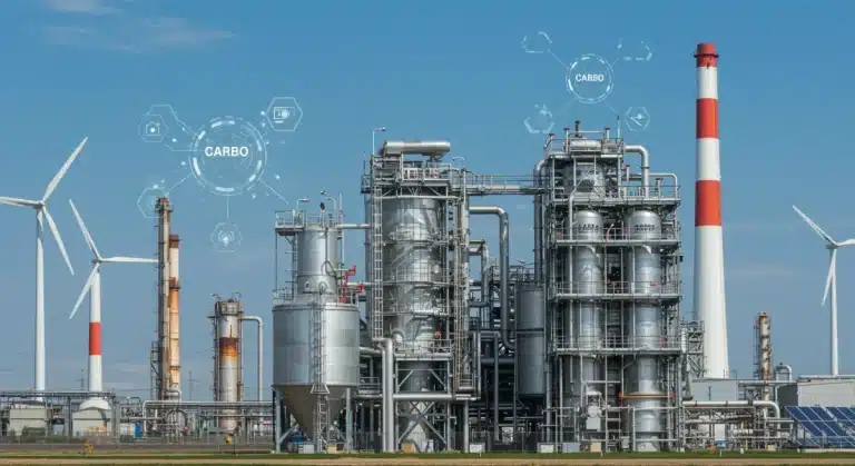 Advanced carbon capture facility with green energy integration, symbolizing clean technology and environmental progress.