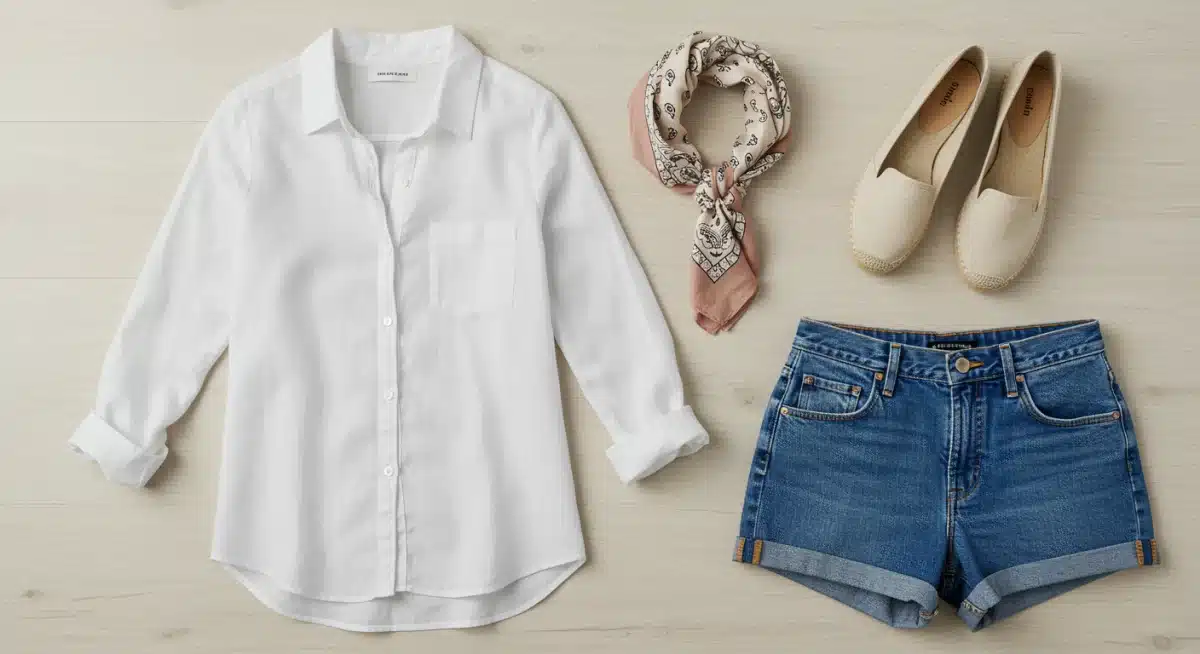 Flat lay of affordable summer essentials: linen shirt, denim shorts, patterned scarf, espadrilles.