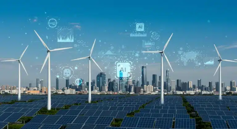 AI-powered green technology transforming urban landscapes with renewable energy and smart data
