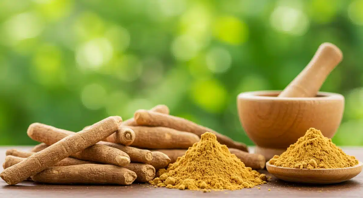 Ashwagandha roots and powder, symbolizing natural adaptogenic properties
