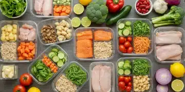 Organized batch-cooked meals in containers for weight management