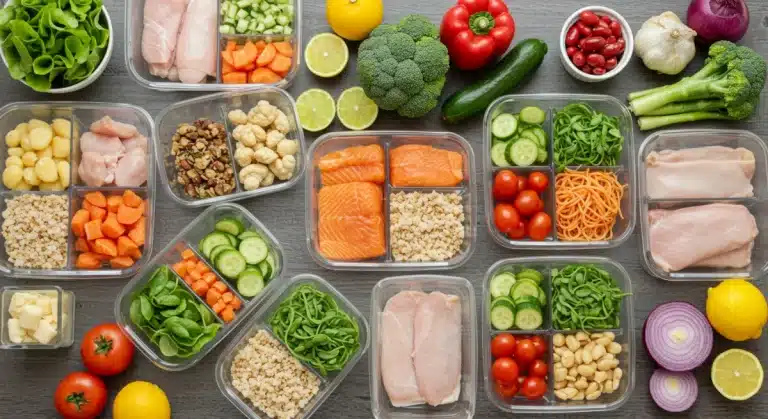 Organized batch-cooked meals in containers for weight management