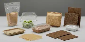 Biodegradable Packaging: 3 Key Innovations by Mid-2025 Diverse biodegradable packaging innovations, including bioplastics, edible films, and mycelium materials, displayed in a futuristic setting.