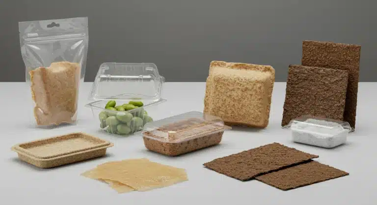 Diverse biodegradable packaging innovations, including bioplastics, edible films, and mycelium materials, displayed in a futuristic setting.