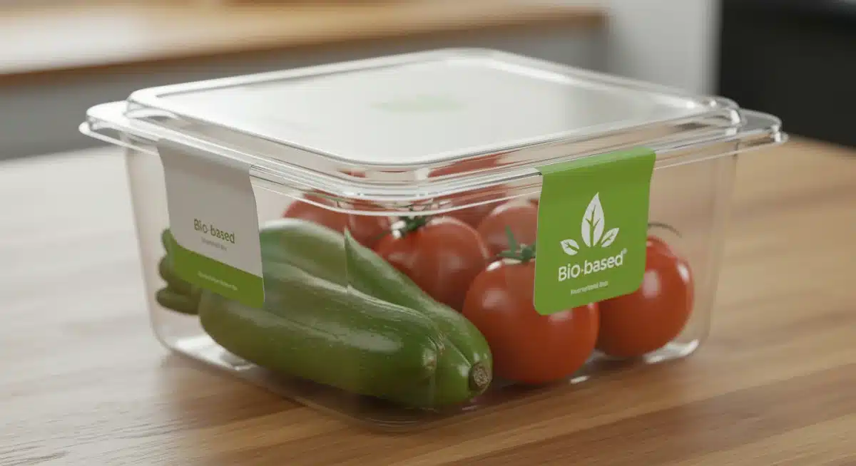Close-up of a clear bioplastic food container holding fresh produce, emphasizing its sustainable design and practical use.