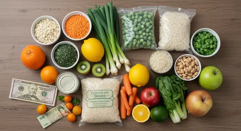 Assortment of affordable healthy food items on a wooden table, symbolizing budget-friendly nutrition.