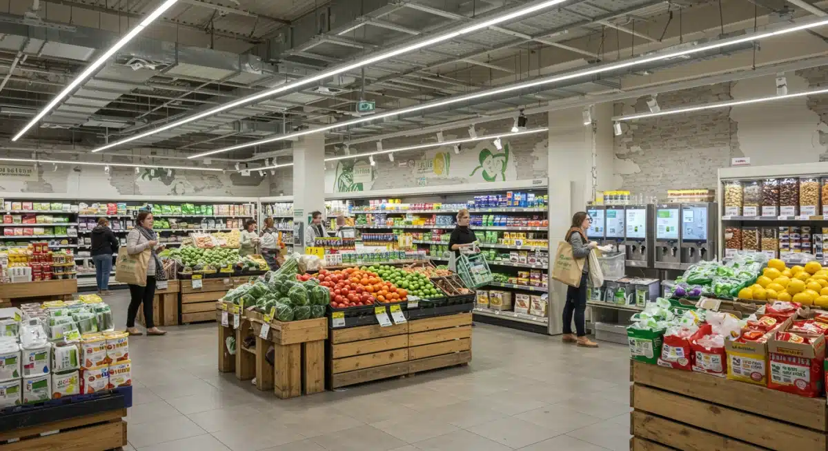 Supermarket aisle with bulk goods and plastic-free options.