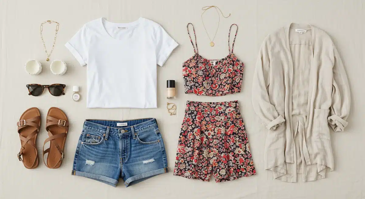 Flat lay of versatile capsule summer wardrobe for budget-friendly styling.